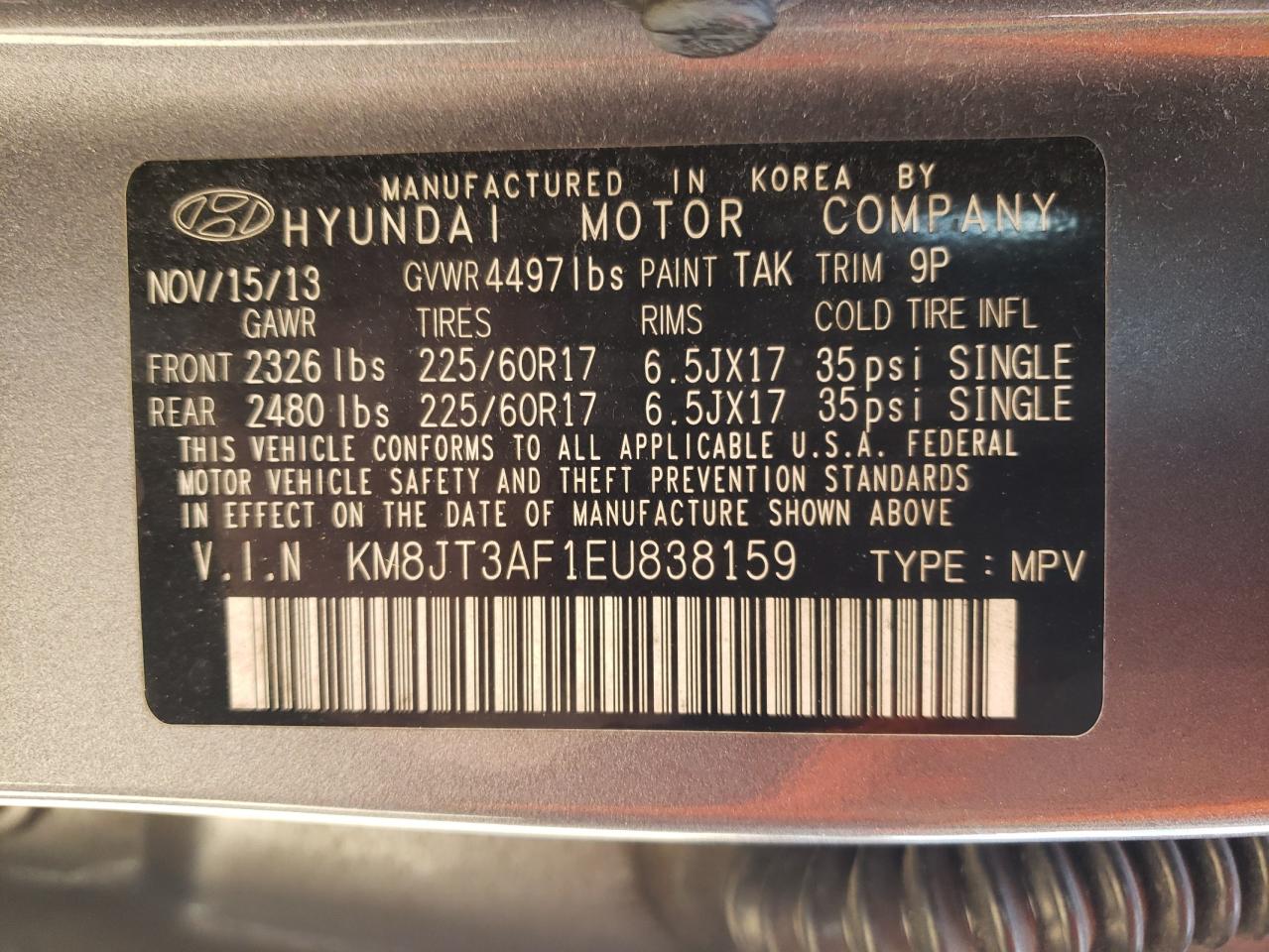 Photo 12 VIN: KM8JT3AF1EU838159 - HYUNDAI TUCSON 