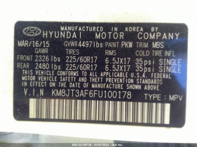 Photo 8 VIN: KM8JT3AF6FU100178 - HYUNDAI TUCSON 