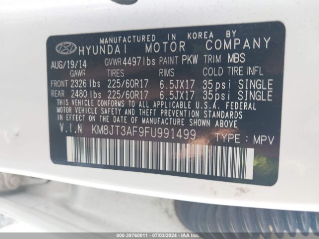 Photo 8 VIN: KM8JT3AF9FU991499 - HYUNDAI TUCSON 