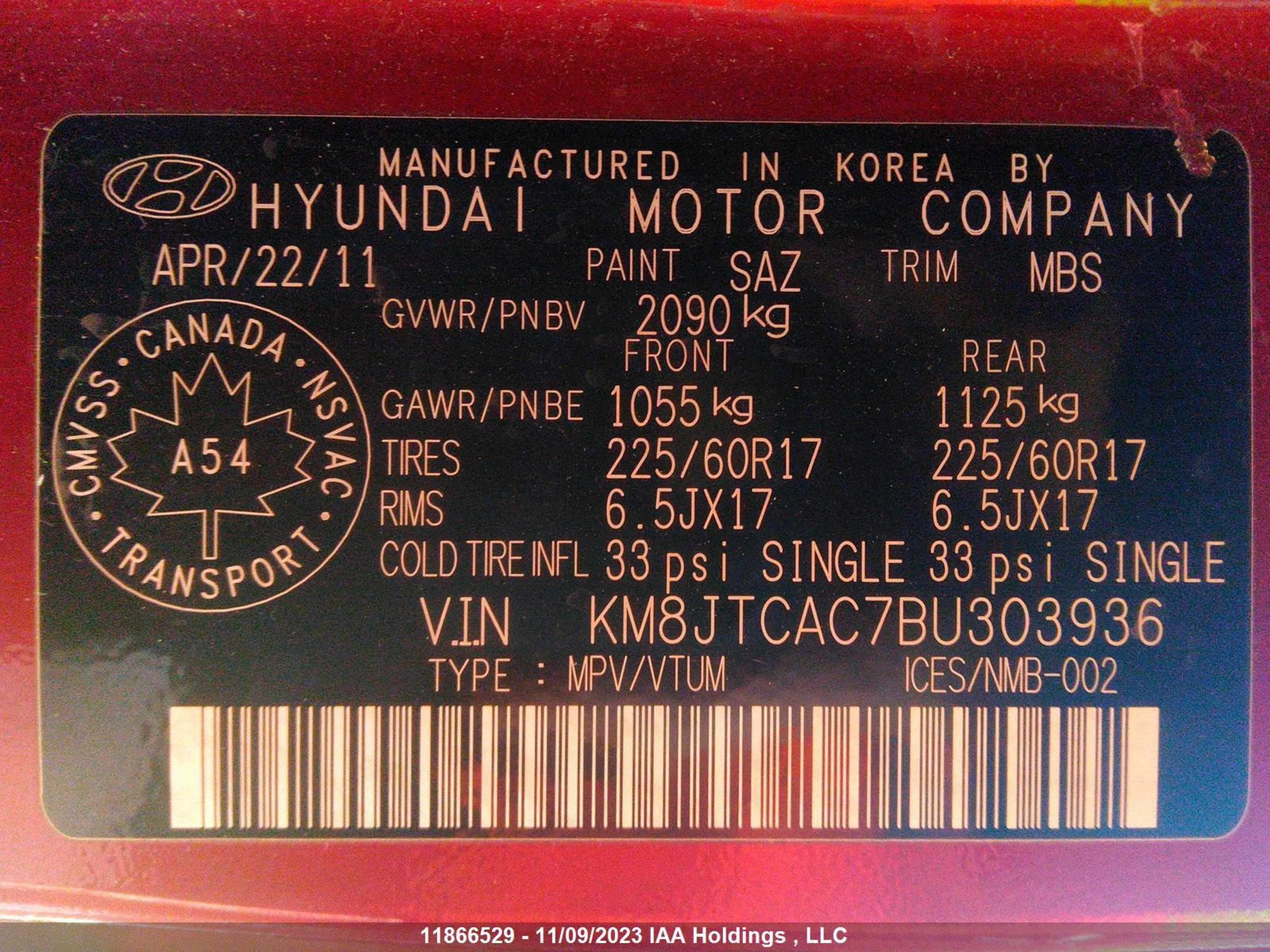 Photo 8 VIN: KM8JTCAC7BU303936 - HYUNDAI TUCSON 