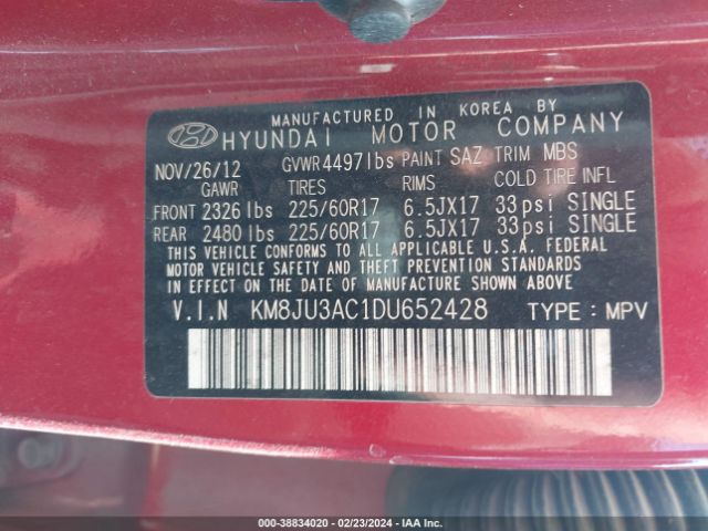 Photo 8 VIN: KM8JU3AC1DU652428 - HYUNDAI TUCSON 