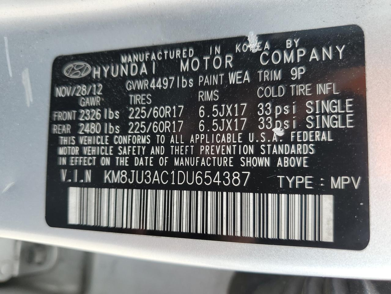 Photo 12 VIN: KM8JU3AC1DU654387 - HYUNDAI TUCSON 