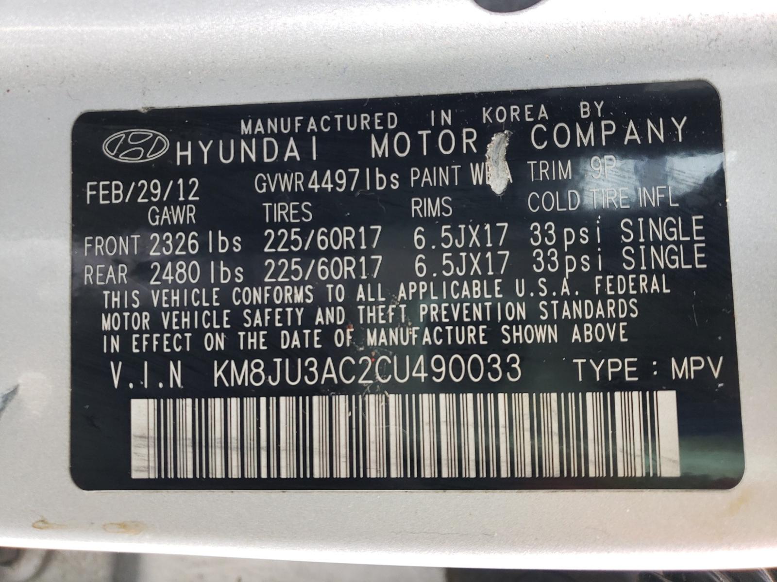 Photo 9 VIN: KM8JU3AC2CU490033 - HYUNDAI TUCSON GLS 