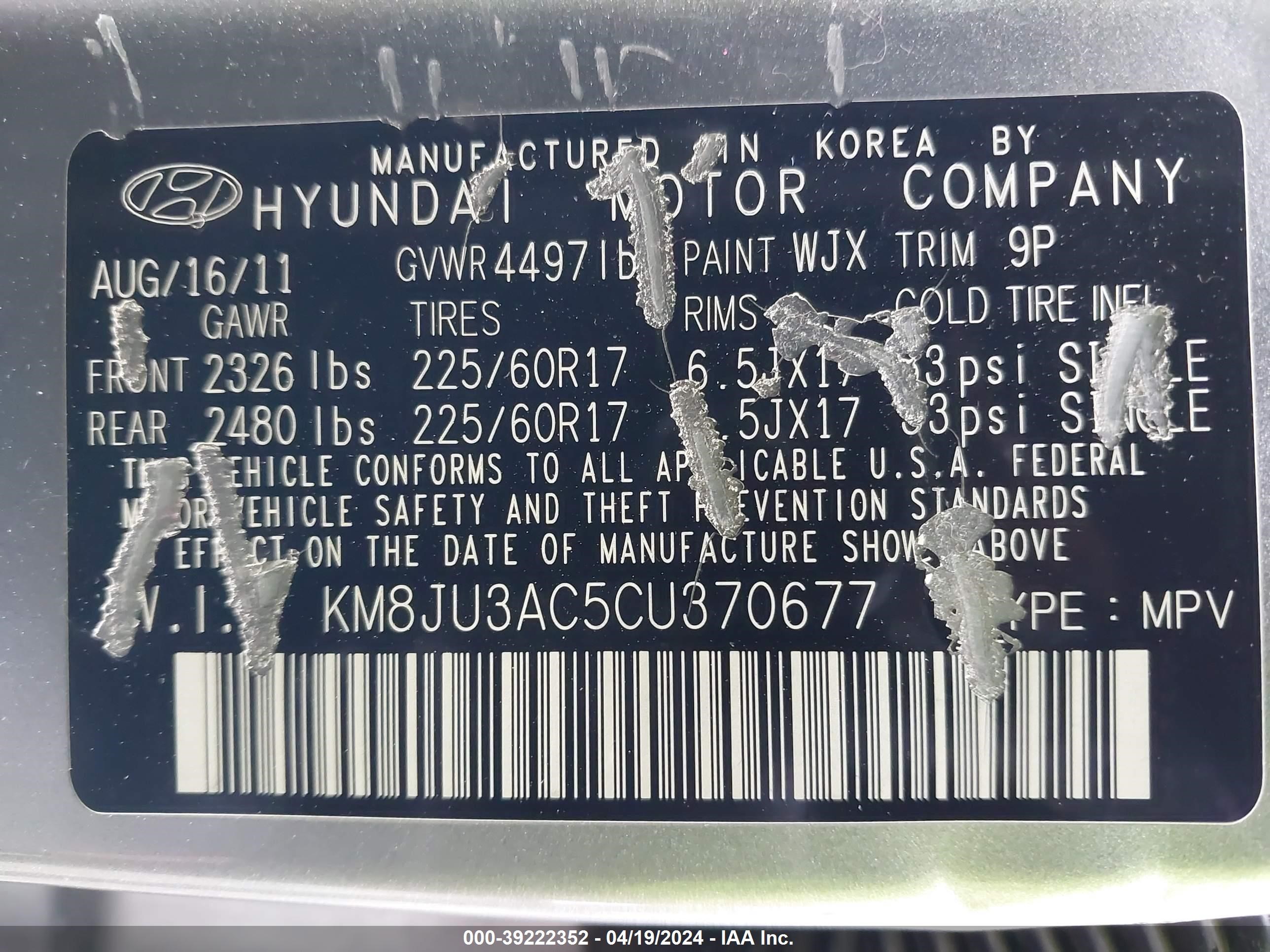 Photo 8 VIN: KM8JU3AC5CU370677 - HYUNDAI TUCSON 