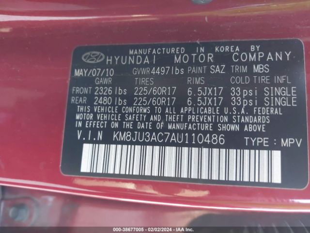 Photo 8 VIN: KM8JU3AC7AU110486 - HYUNDAI TUCSON 