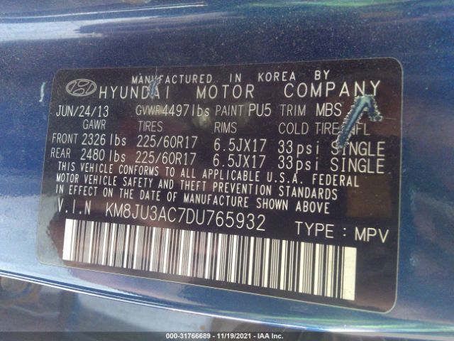 Photo 8 VIN: KM8JU3AC7DU765932 - HYUNDAI TUCSON 