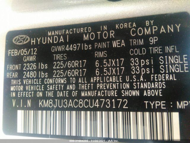 Photo 8 VIN: KM8JU3AC8CU473172 - HYUNDAI TUCSON 