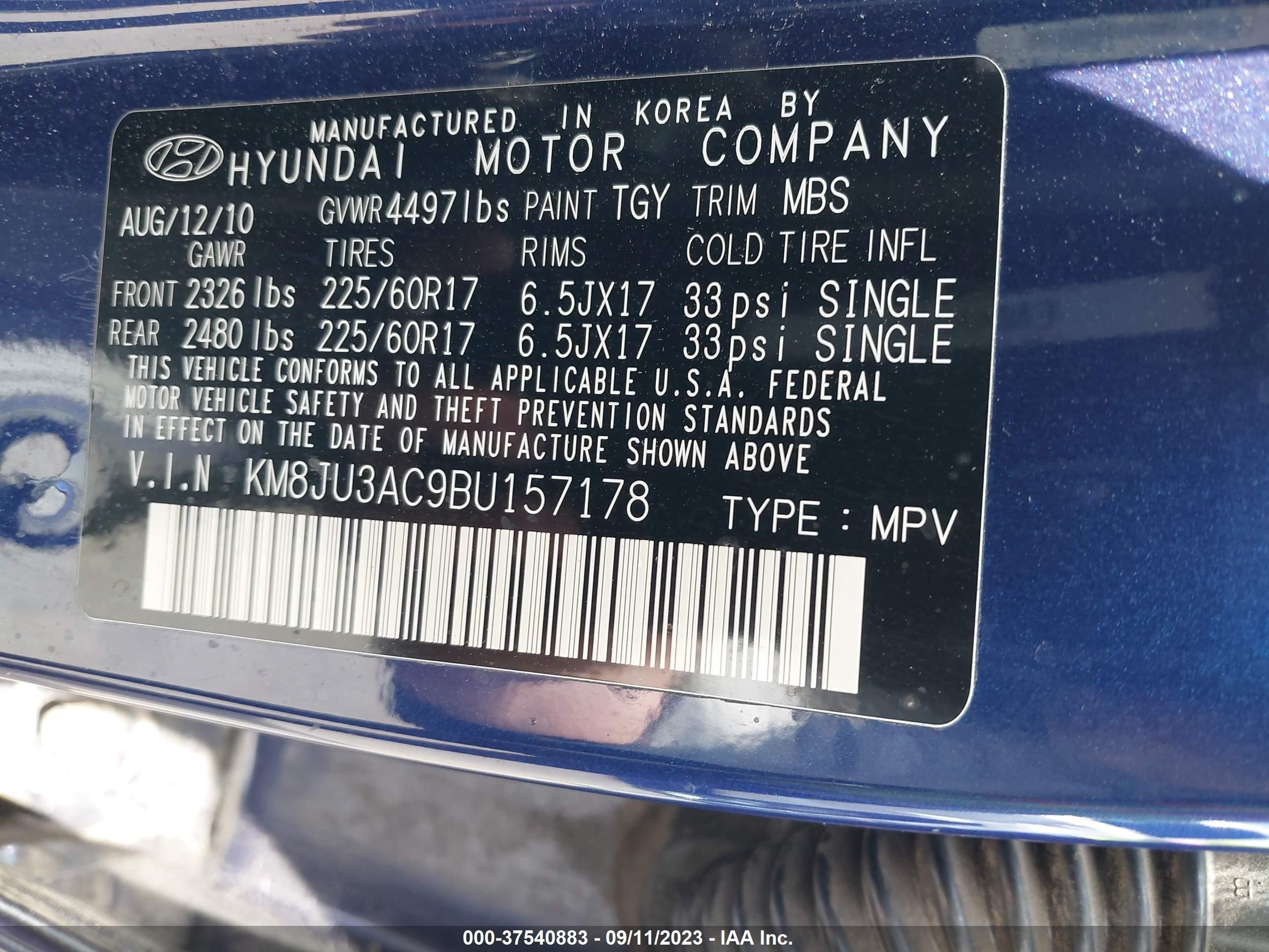 Photo 8 VIN: KM8JU3AC9BU157178 - HYUNDAI TUCSON 