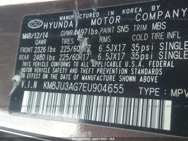 Photo 8 VIN: KM8JU3AG7EU904655 - HYUNDAI TUCSON 