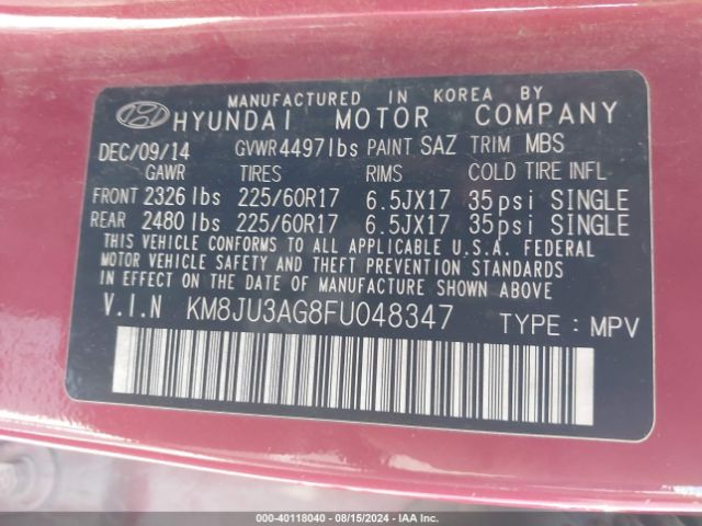 Photo 8 VIN: KM8JU3AG8FU048347 - HYUNDAI TUCSON 