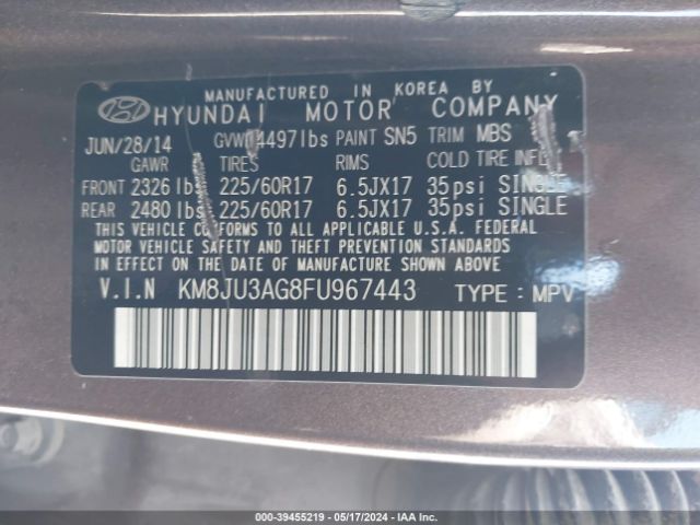 Photo 8 VIN: KM8JU3AG8FU967443 - HYUNDAI TUCSON 