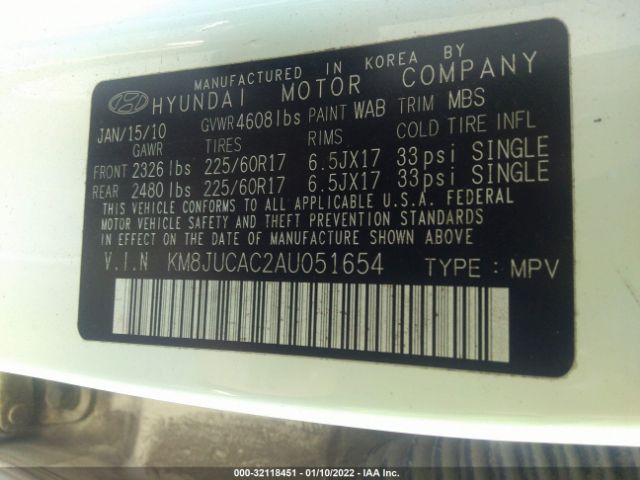 Photo 8 VIN: KM8JUCAC2AU051654 - HYUNDAI TUCSON 