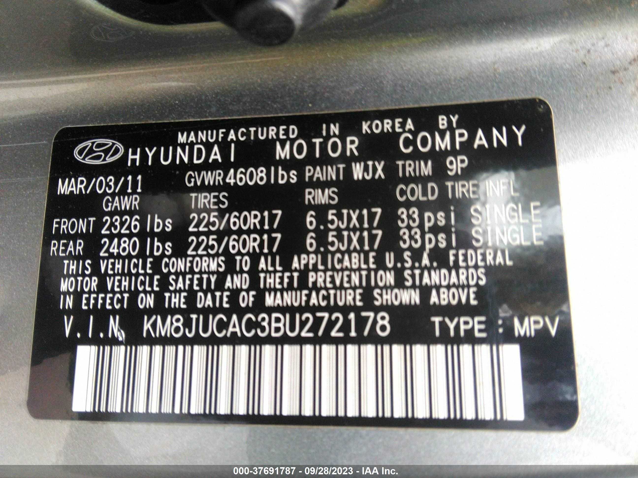 Photo 8 VIN: KM8JUCAC3BU272178 - HYUNDAI TUCSON 