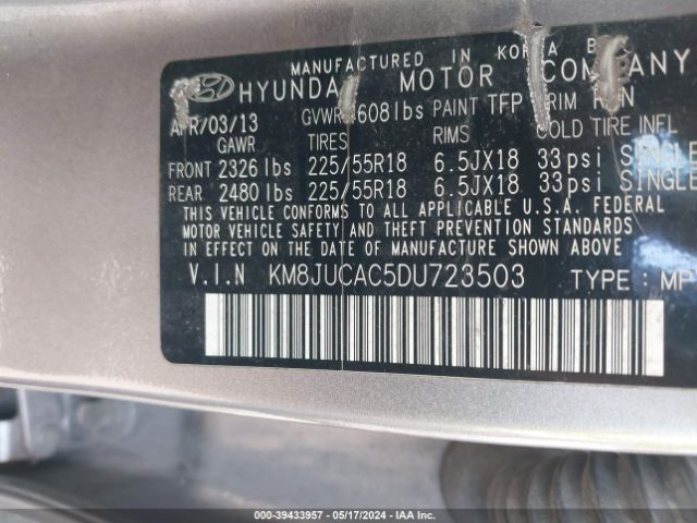 Photo 8 VIN: KM8JUCAC5DU723503 - HYUNDAI TUCSON 