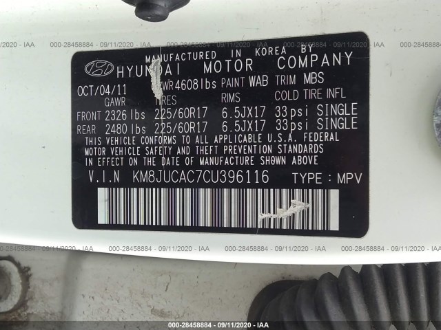 Photo 8 VIN: KM8JUCAC7CU396116 - HYUNDAI TUCSON 