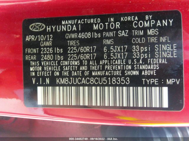 Photo 8 VIN: KM8JUCAC8CU518353 - HYUNDAI TUCSON 