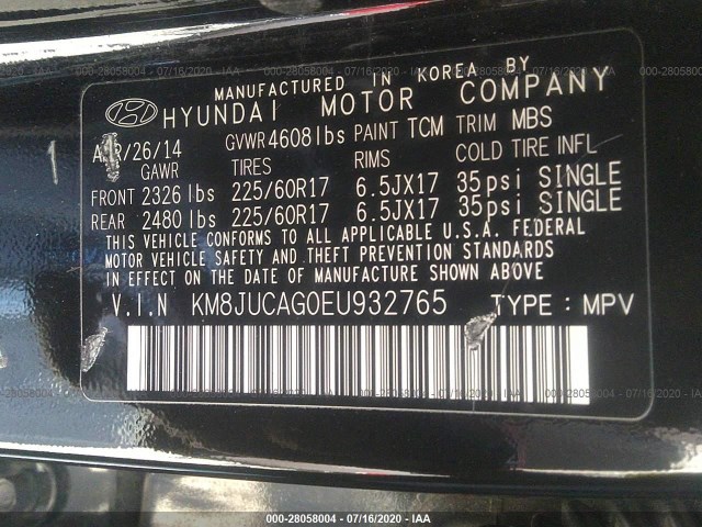 Photo 8 VIN: KM8JUCAG0EU932765 - HYUNDAI TUCSON 