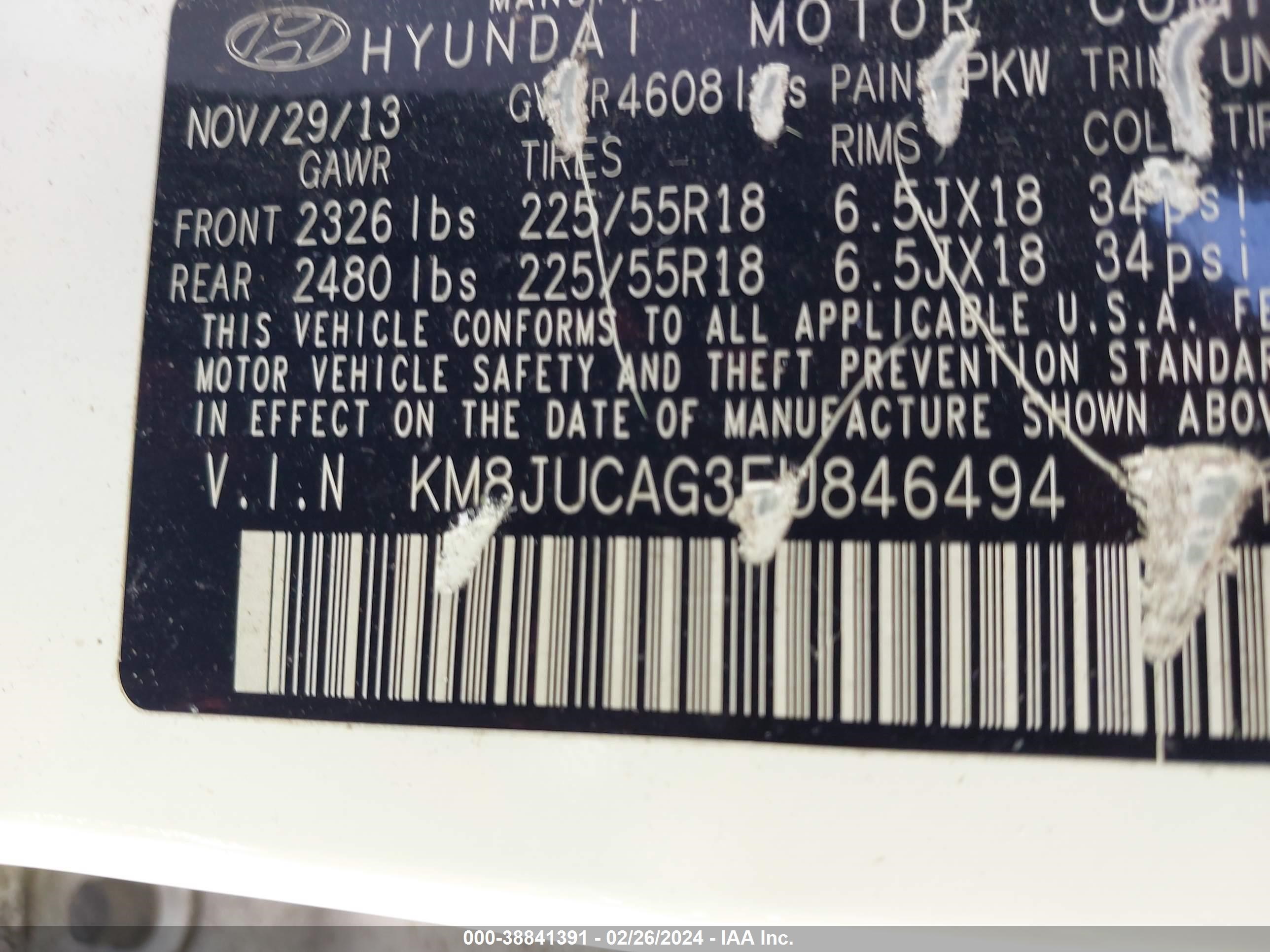 Photo 8 VIN: KM8JUCAG3EU846494 - HYUNDAI TUCSON 