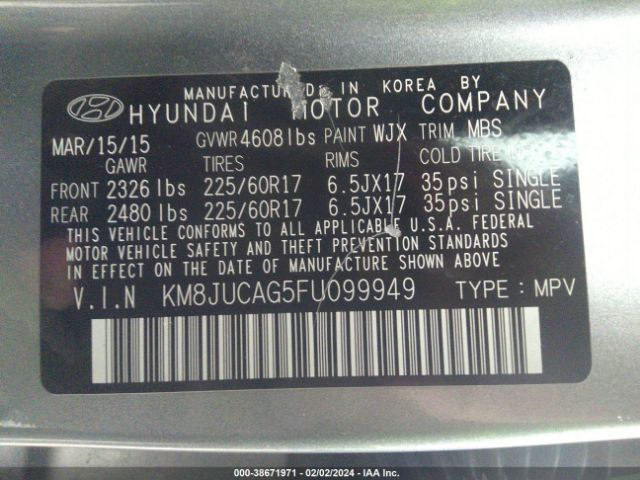 Photo 8 VIN: KM8JUCAG5FU099949 - HYUNDAI TUCSON 