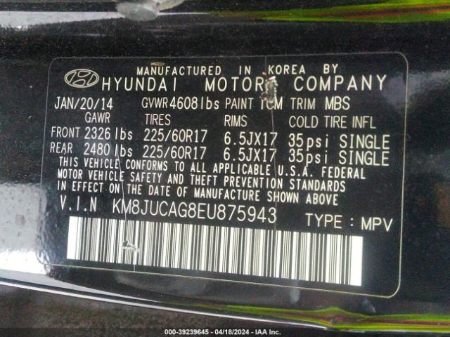 Photo 8 VIN: KM8JUCAG8EU875943 - HYUNDAI TUCSON 