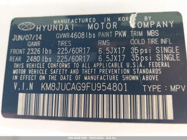 Photo 8 VIN: KM8JUCAG9FU954801 - HYUNDAI TUCSON 