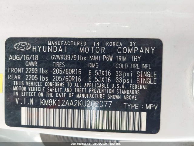 Photo 8 VIN: KM8K12AA2KU202077 - HYUNDAI KONA 