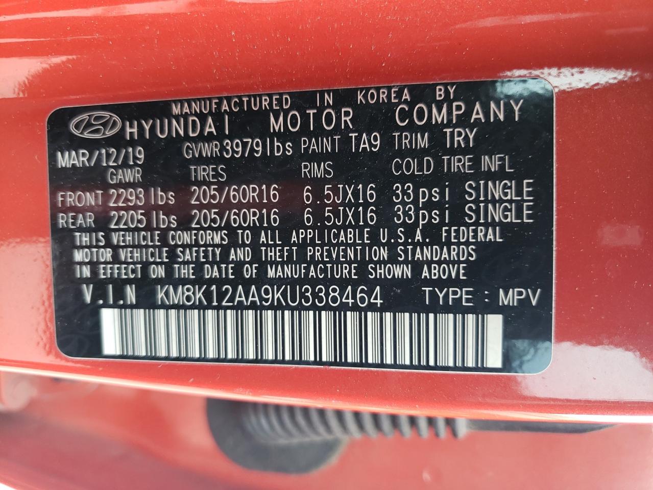 Photo 12 VIN: KM8K12AA9KU338464 - HYUNDAI KONA 