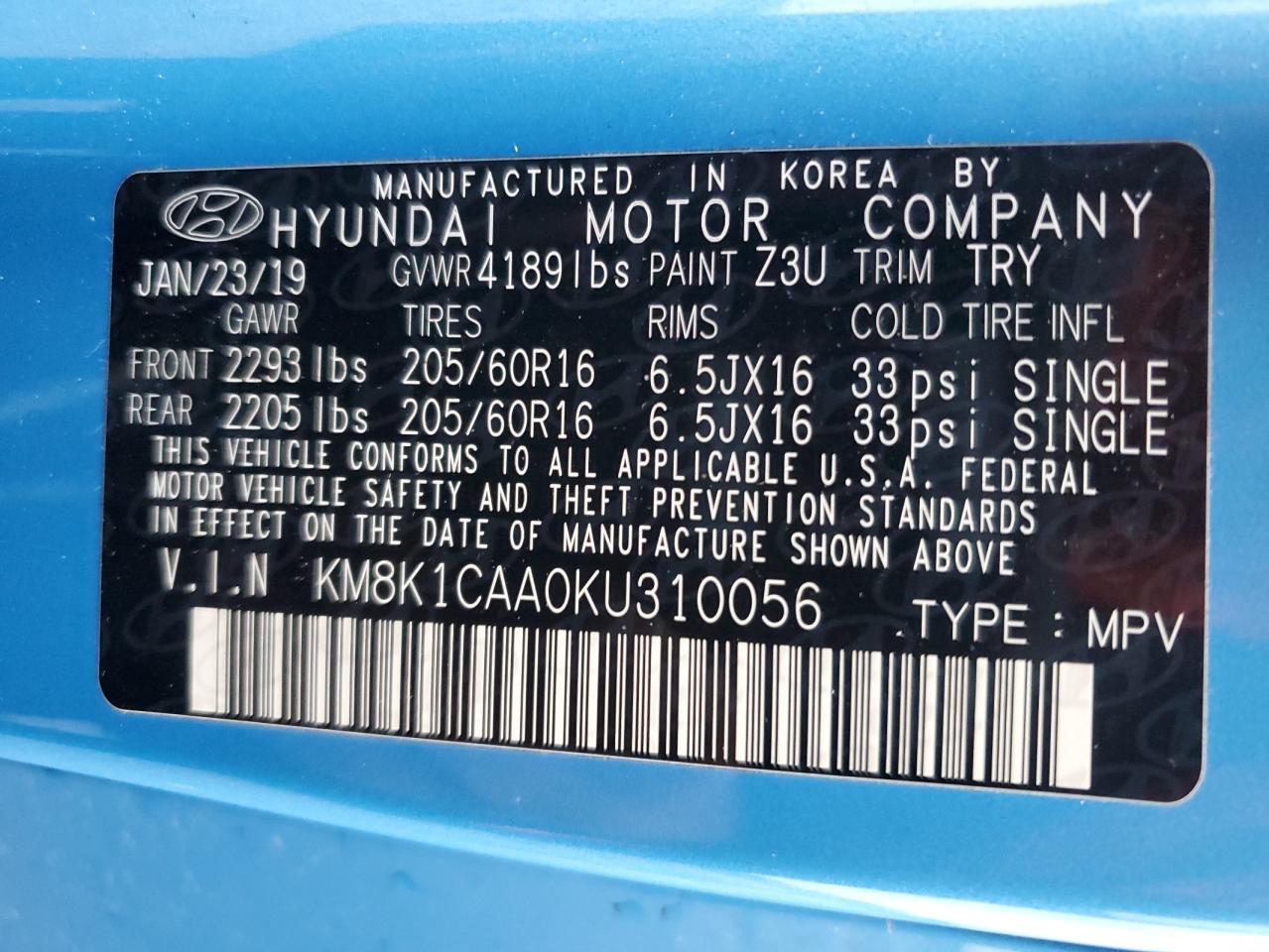 Photo 11 VIN: KM8K1CAA0KU310056 - HYUNDAI KONA 