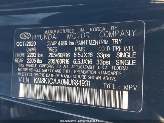 Photo 8 VIN: KM8K1CAA0MU684931 - HYUNDAI KONA 