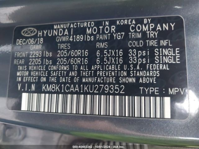 Photo 8 VIN: KM8K1CAA1KU279352 - HYUNDAI KONA 