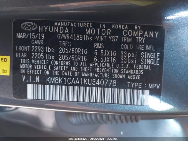 Photo 8 VIN: KM8K1CAA1KU340778 - HYUNDAI KONA 