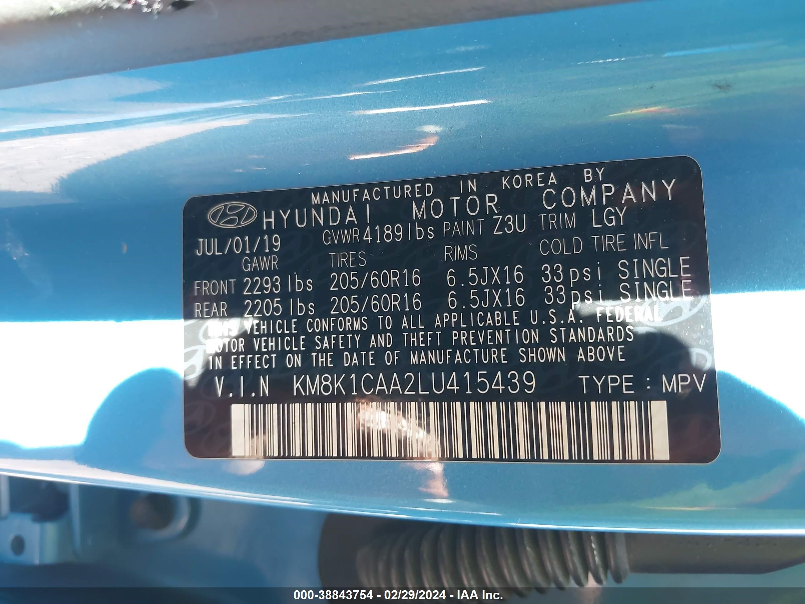 Photo 8 VIN: KM8K1CAA2LU415439 - HYUNDAI KONA 