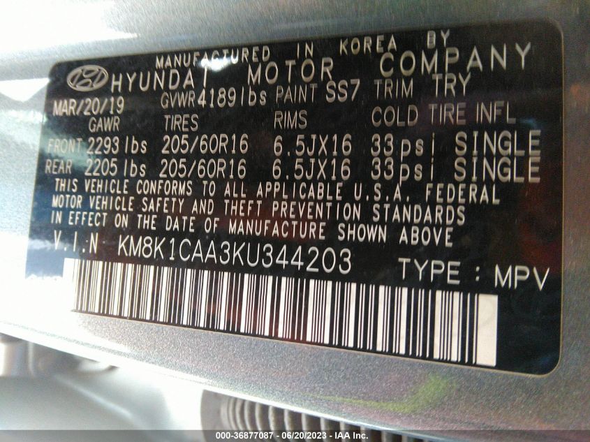 Photo 8 VIN: KM8K1CAA3KU344203 - HYUNDAI KONA 