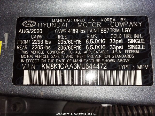 Photo 8 VIN: KM8K1CAA3MU644472 - HYUNDAI KONA 