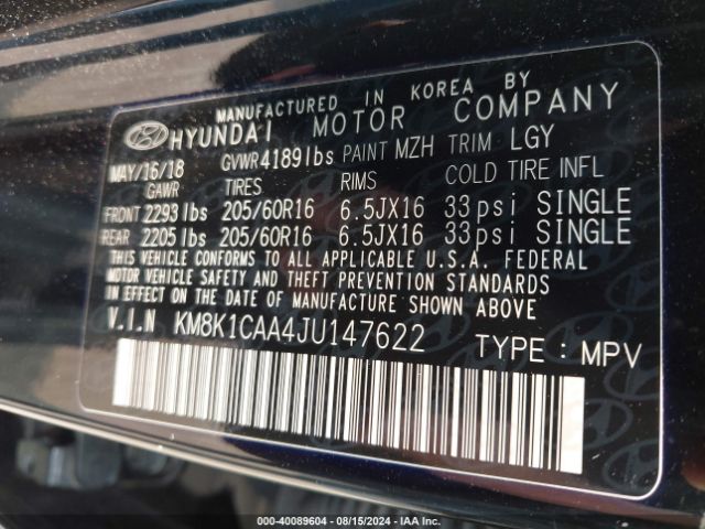 Photo 8 VIN: KM8K1CAA4JU147622 - HYUNDAI KONA 