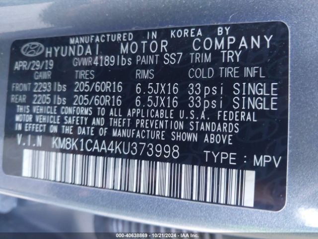 Photo 8 VIN: KM8K1CAA4KU373998 - HYUNDAI KONA 