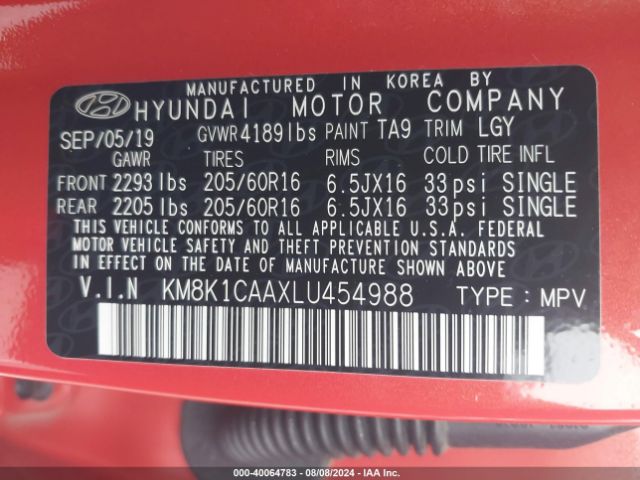 Photo 8 VIN: KM8K1CAAXLU454988 - HYUNDAI KONA 