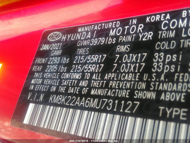 Photo 8 VIN: KM8K22AA6MU731127 - HYUNDAI KONA 