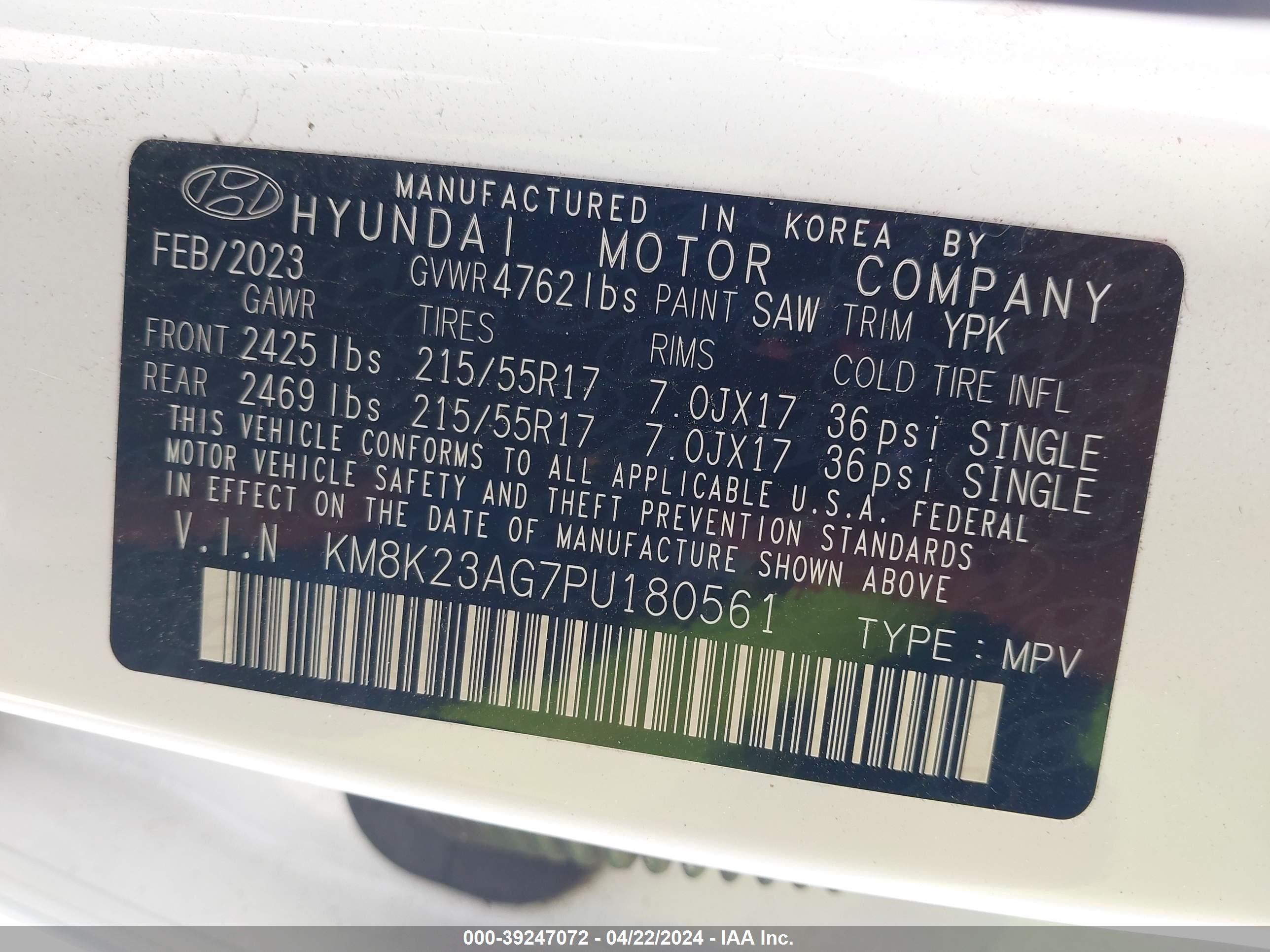 Photo 8 VIN: KM8K23AG7PU180561 - HYUNDAI KONA 