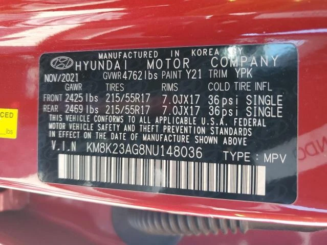 Photo 11 VIN: KM8K23AG8NU148036 - HYUNDAI KONA SEL 