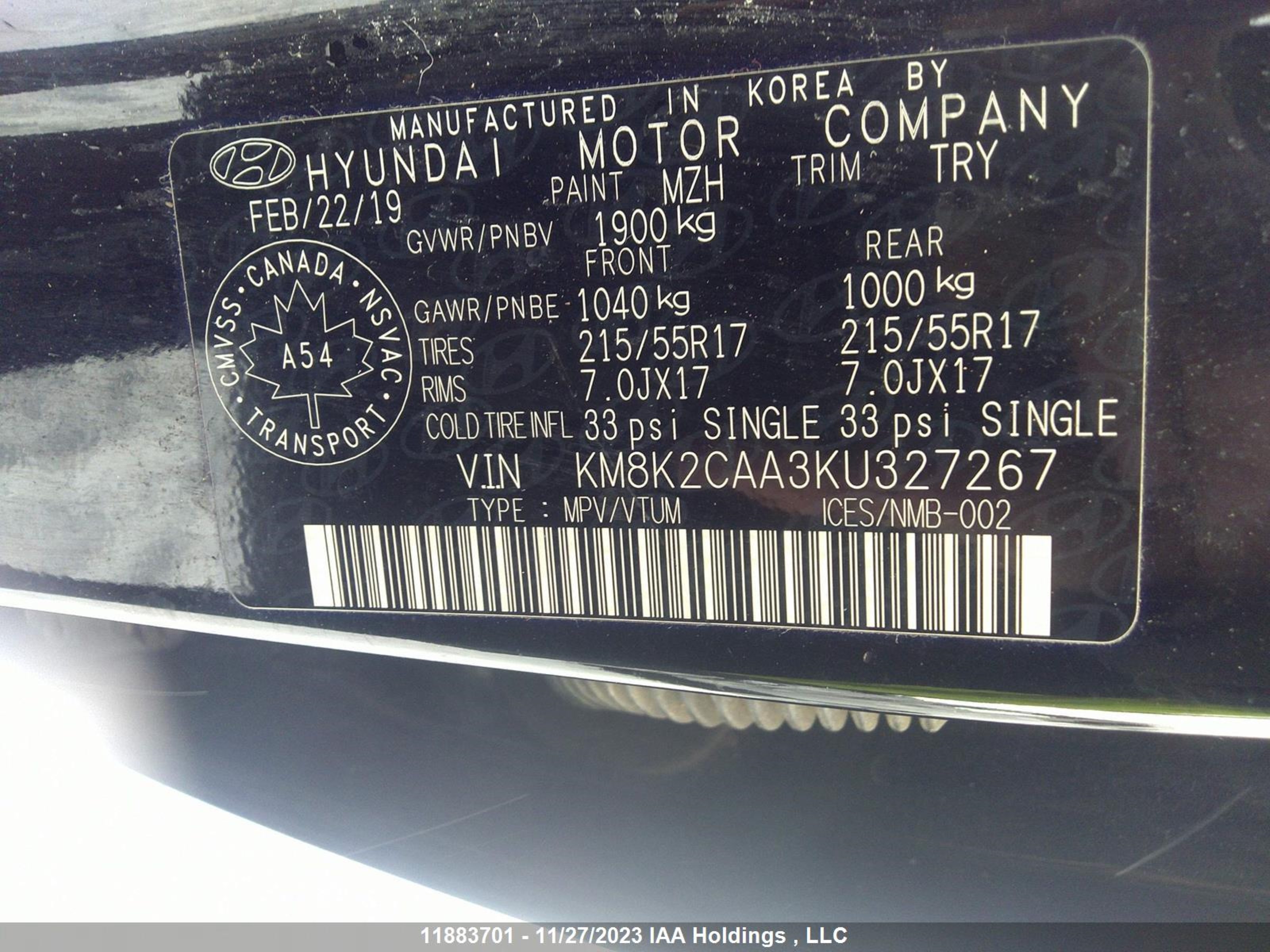 Photo 8 VIN: KM8K2CAA3KU327267 - HYUNDAI KONA 