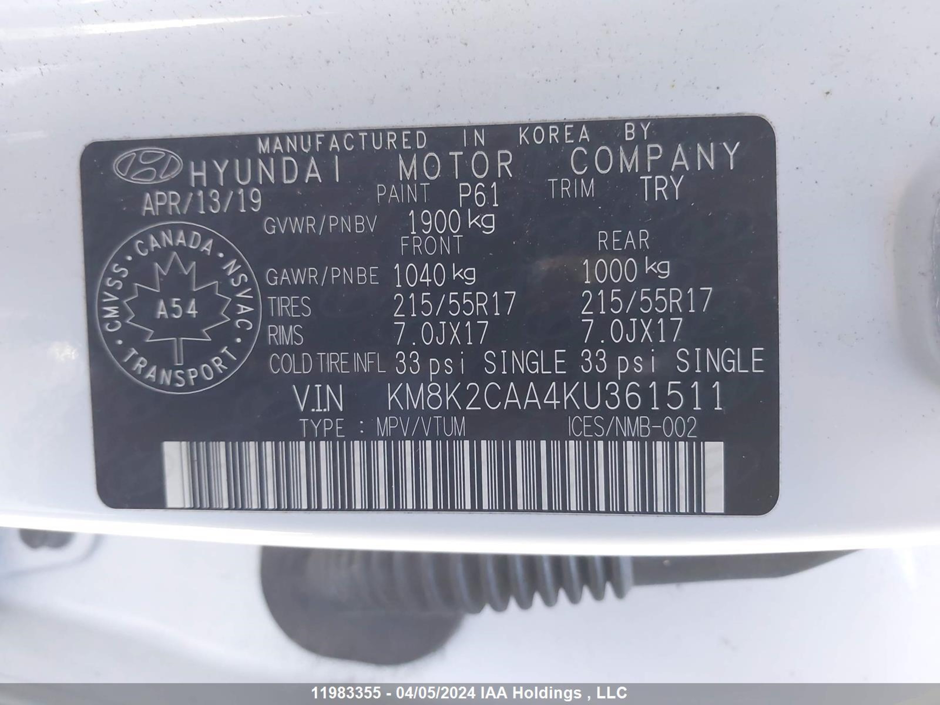 Photo 8 VIN: KM8K2CAA4KU361511 - HYUNDAI KONA 