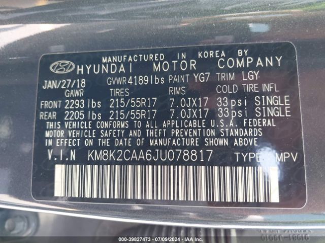 Photo 8 VIN: KM8K2CAA6JU078817 - HYUNDAI KONA 