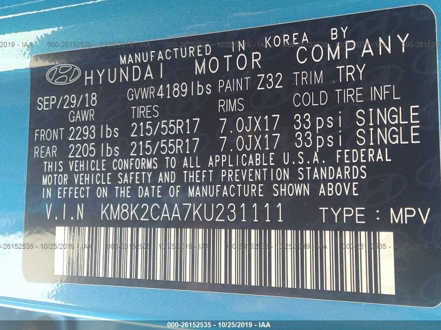 Photo 8 VIN: KM8K2CAA7KU231111 - HYUNDAI KONA 