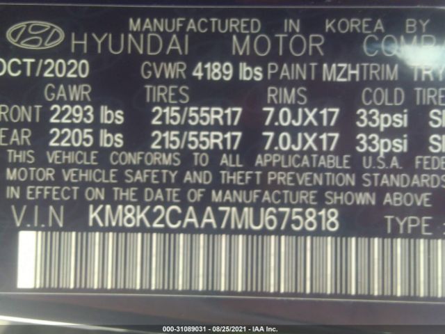 Photo 8 VIN: KM8K2CAA7MU675818 - HYUNDAI KONA 