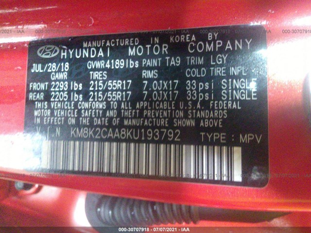 Photo 8 VIN: KM8K2CAA8KU193792 - HYUNDAI KONA 