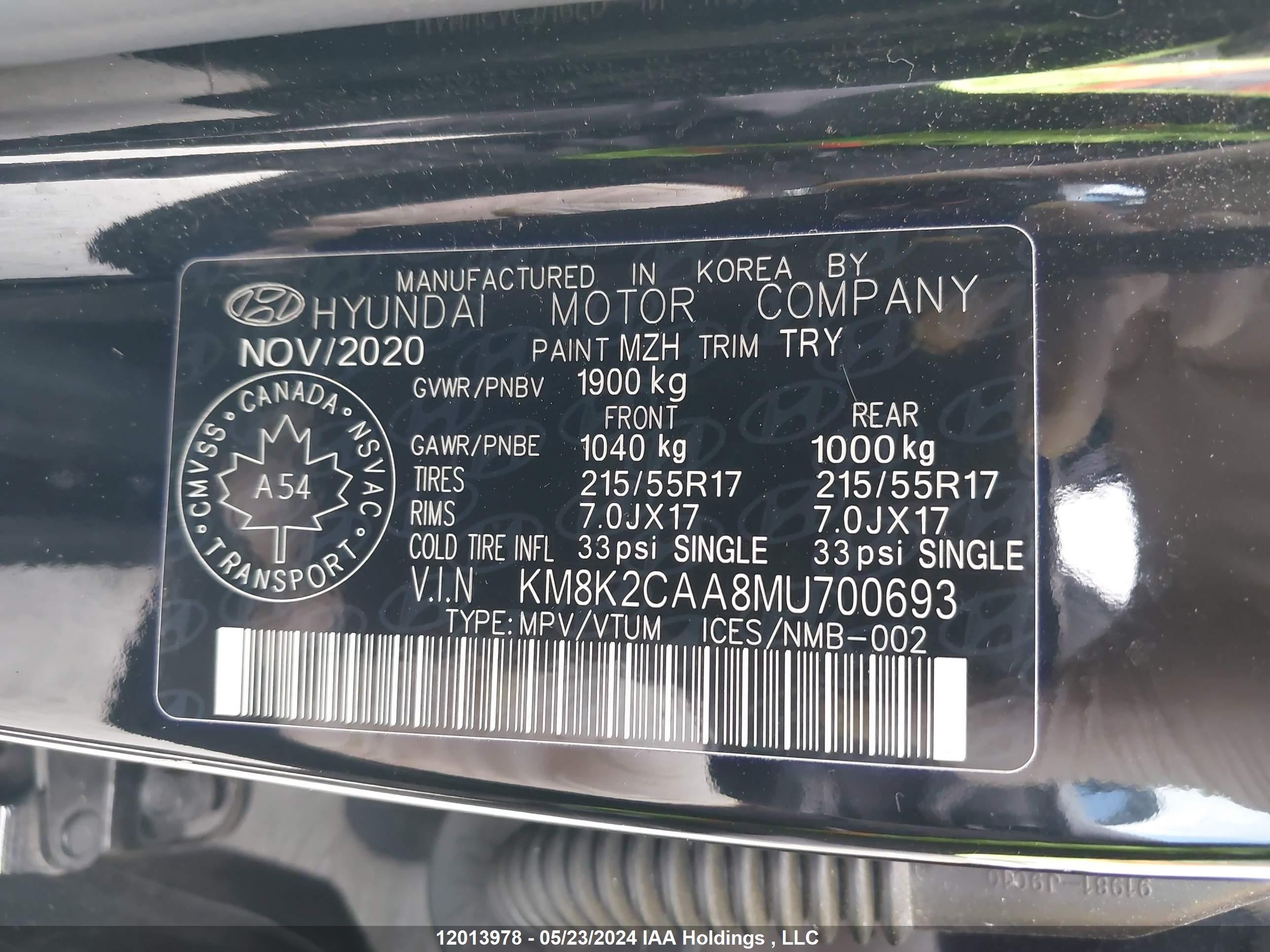 Photo 8 VIN: KM8K2CAA8MU700693 - HYUNDAI KONA 