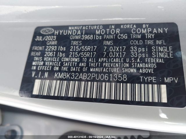 Photo 8 VIN: KM8K32AB2PU061358 - HYUNDAI KONA 