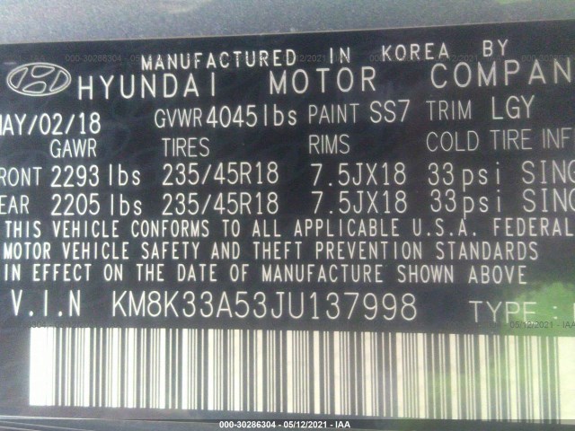 Photo 8 VIN: KM8K33A53JU137998 - HYUNDAI KONA 