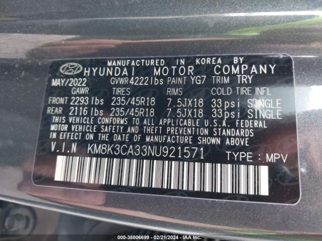 Photo 8 VIN: KM8K3CA33NU921571 - HYUNDAI KONA 